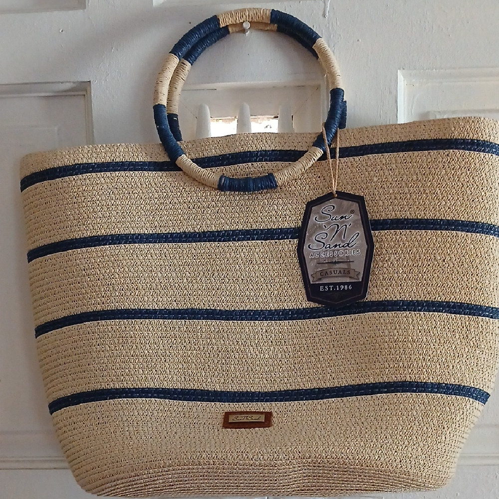 Navy and Tan Striped Tote Bag